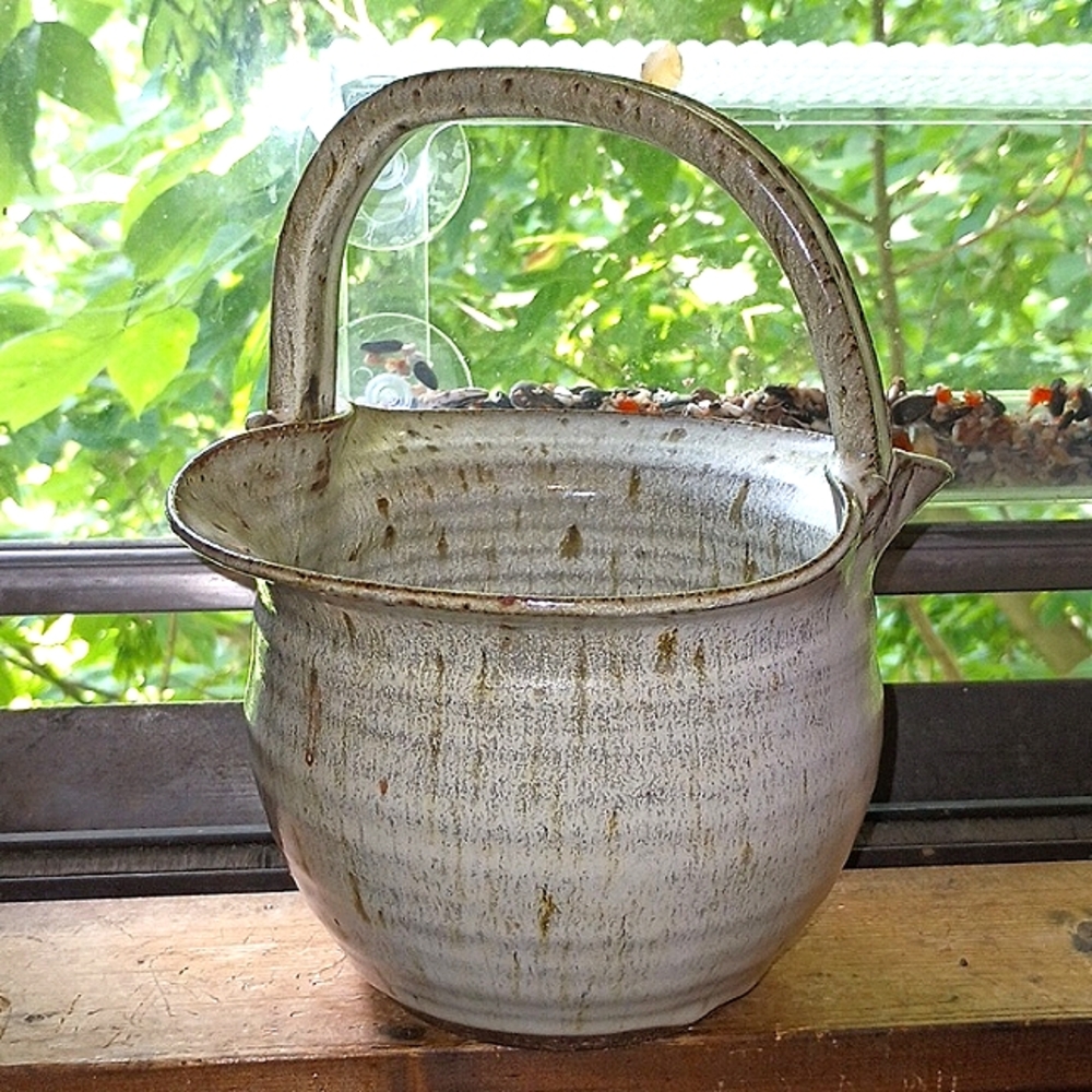 Vintage Stoneware Cream and Brown Accent Basket Vase Potter Artisan Handmade